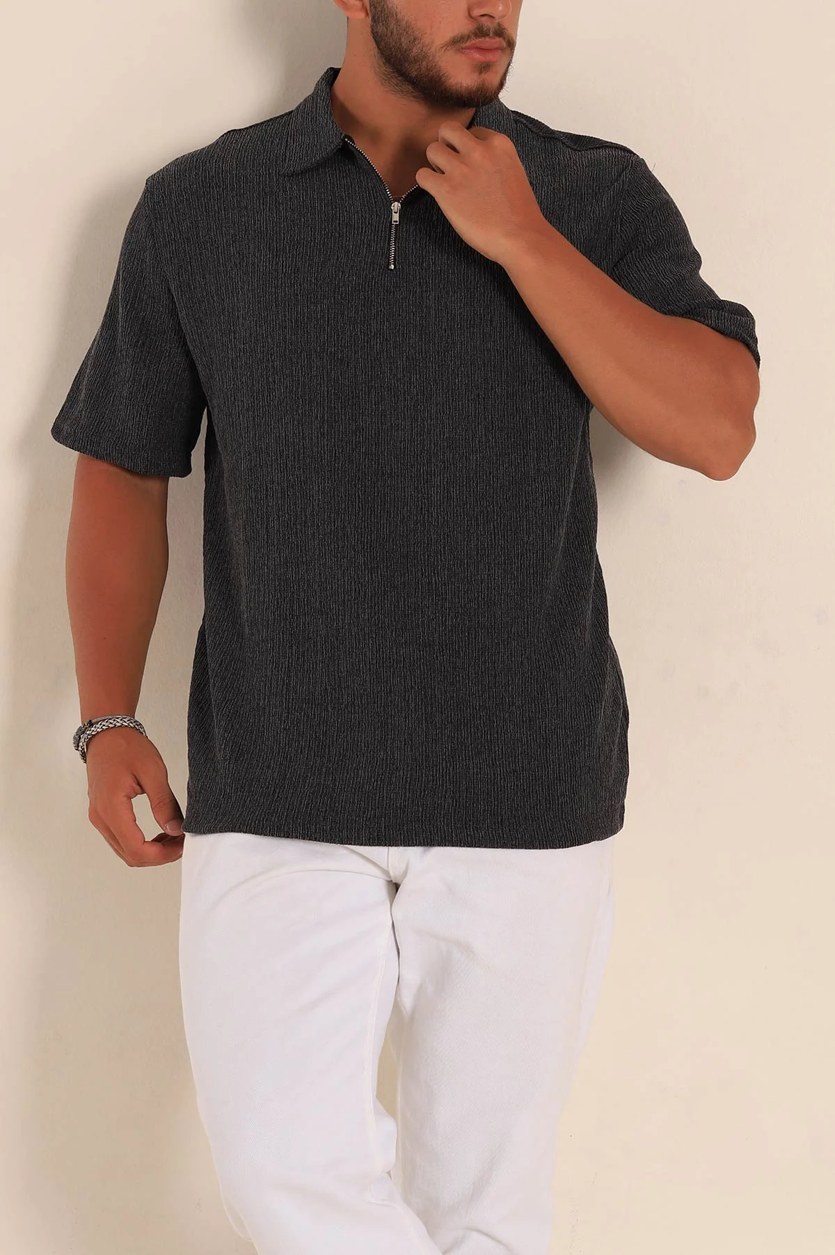 Siyah Relaxed Fit Melanjlı Fermuarlı Polo Yaka Erkek Tişört 267651