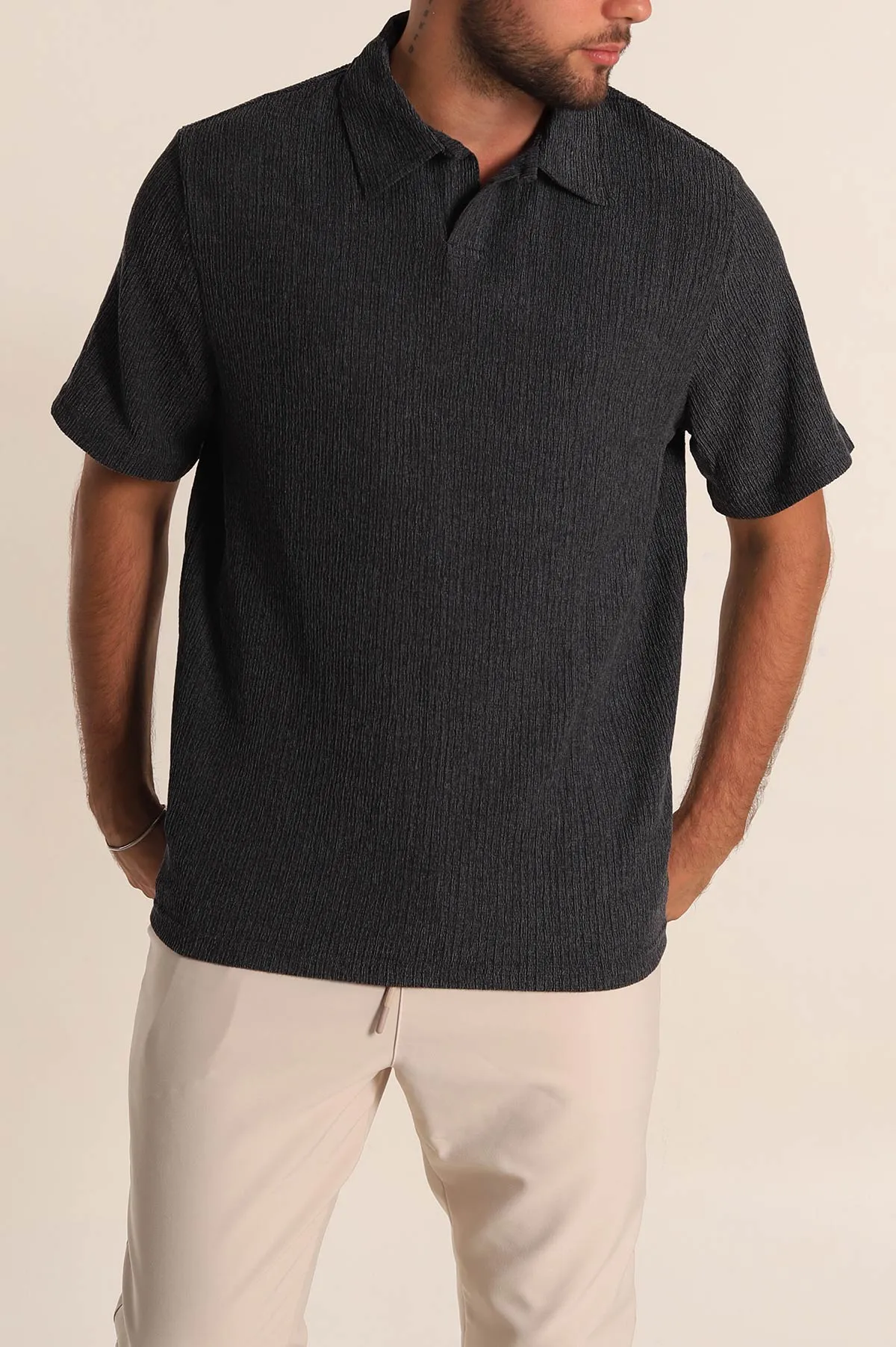 Siyah Relaxed Fit Melanjlı Patlı Polo Yaka Erkek Tişört 267625