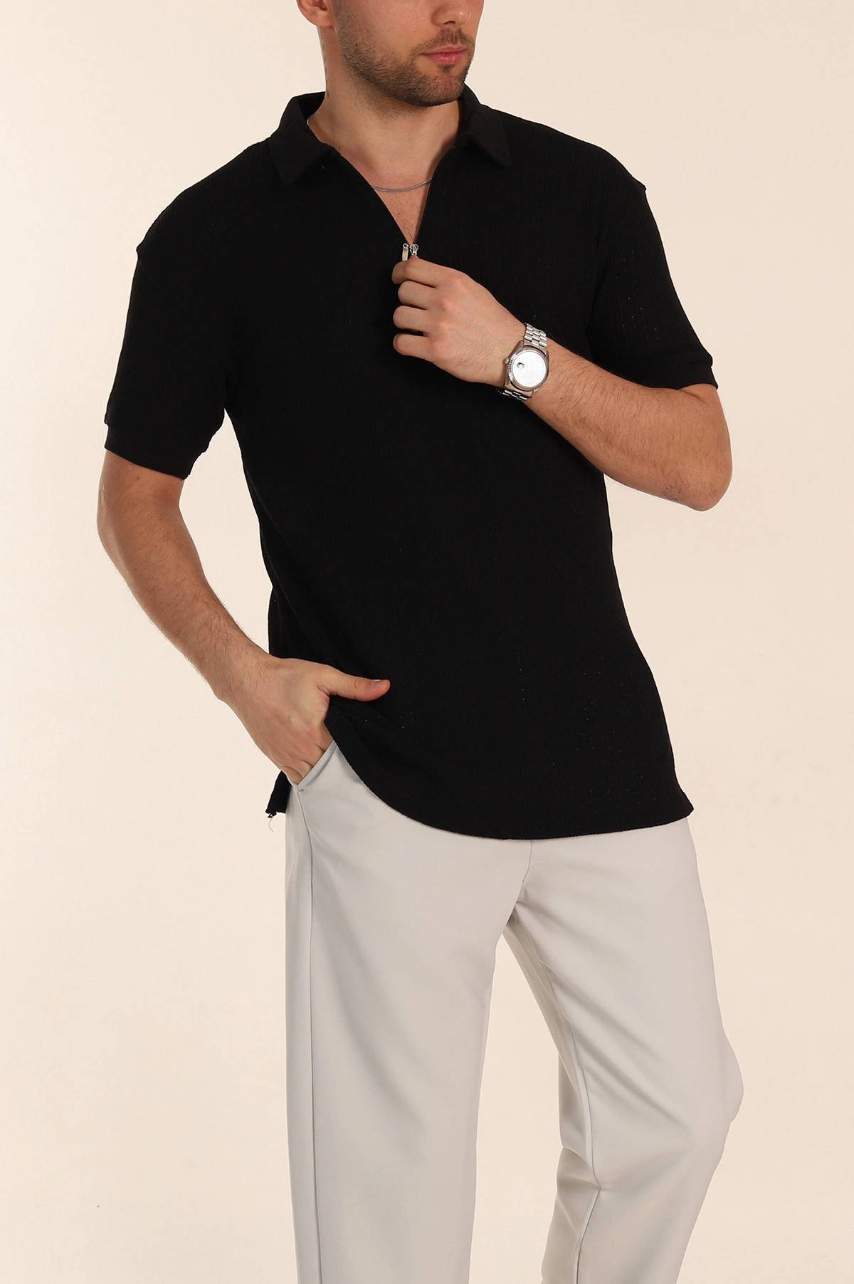 Siyah Relaxed Fit Mikro Delikli Fermuarlı Polo Yaka Erkek Tişört 352003