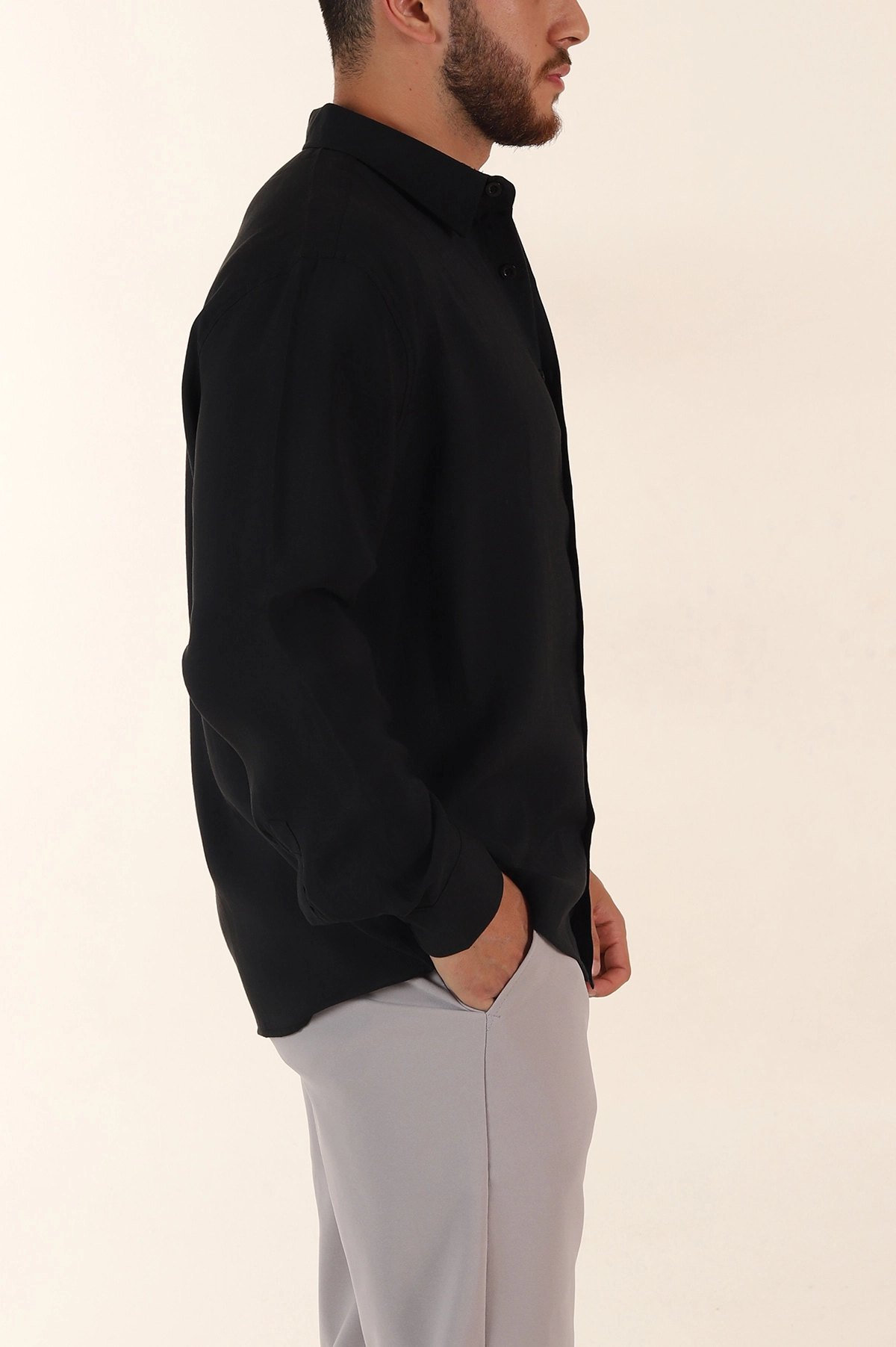 Siyah Relaxed Fit Modal Kumaş Uzun Kollu Erkek Gömlek 368658
