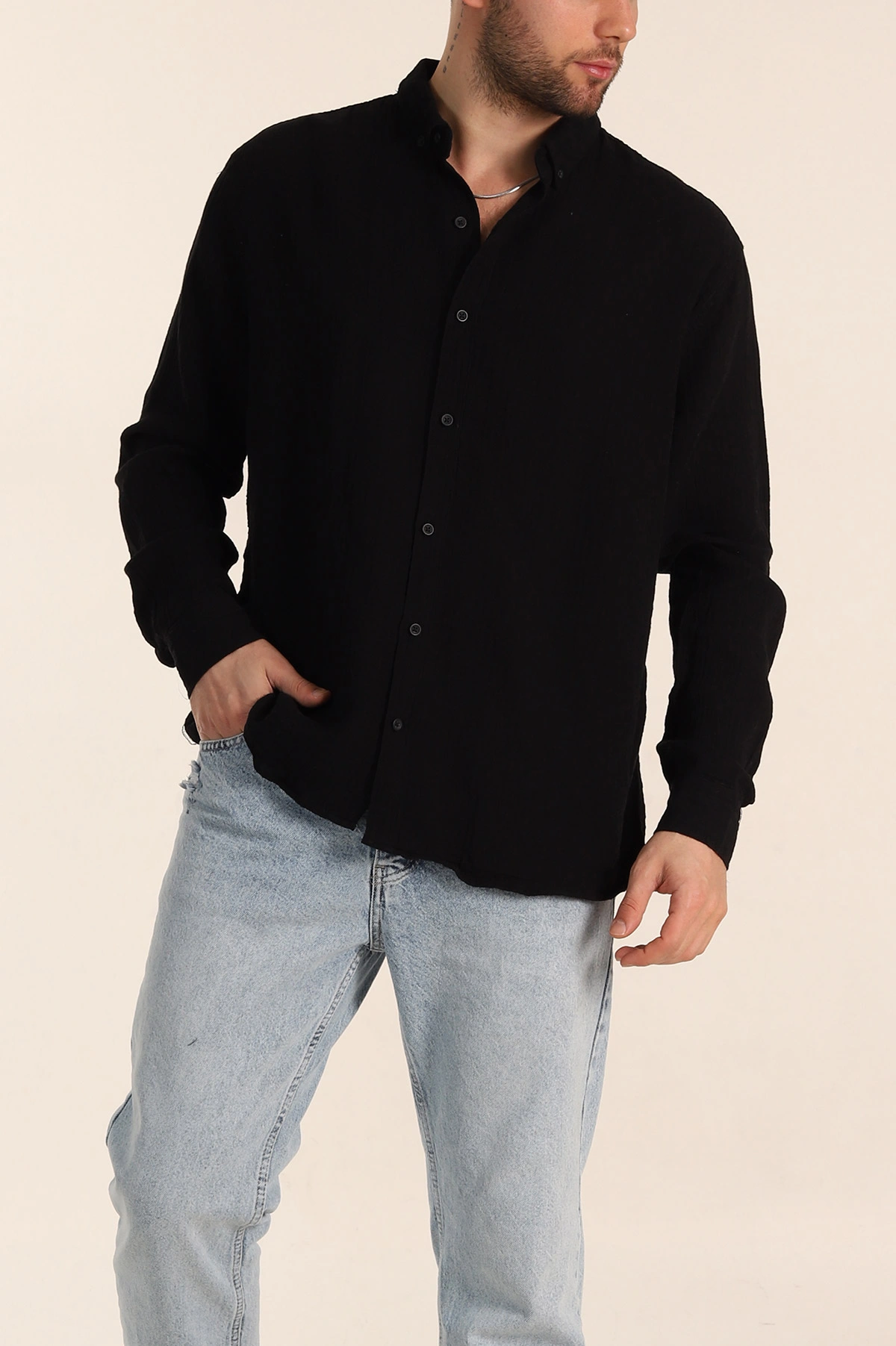 Siyah Relaxed Fit Müslin Keten Ata Yaka Erkek Gömlek 339152
