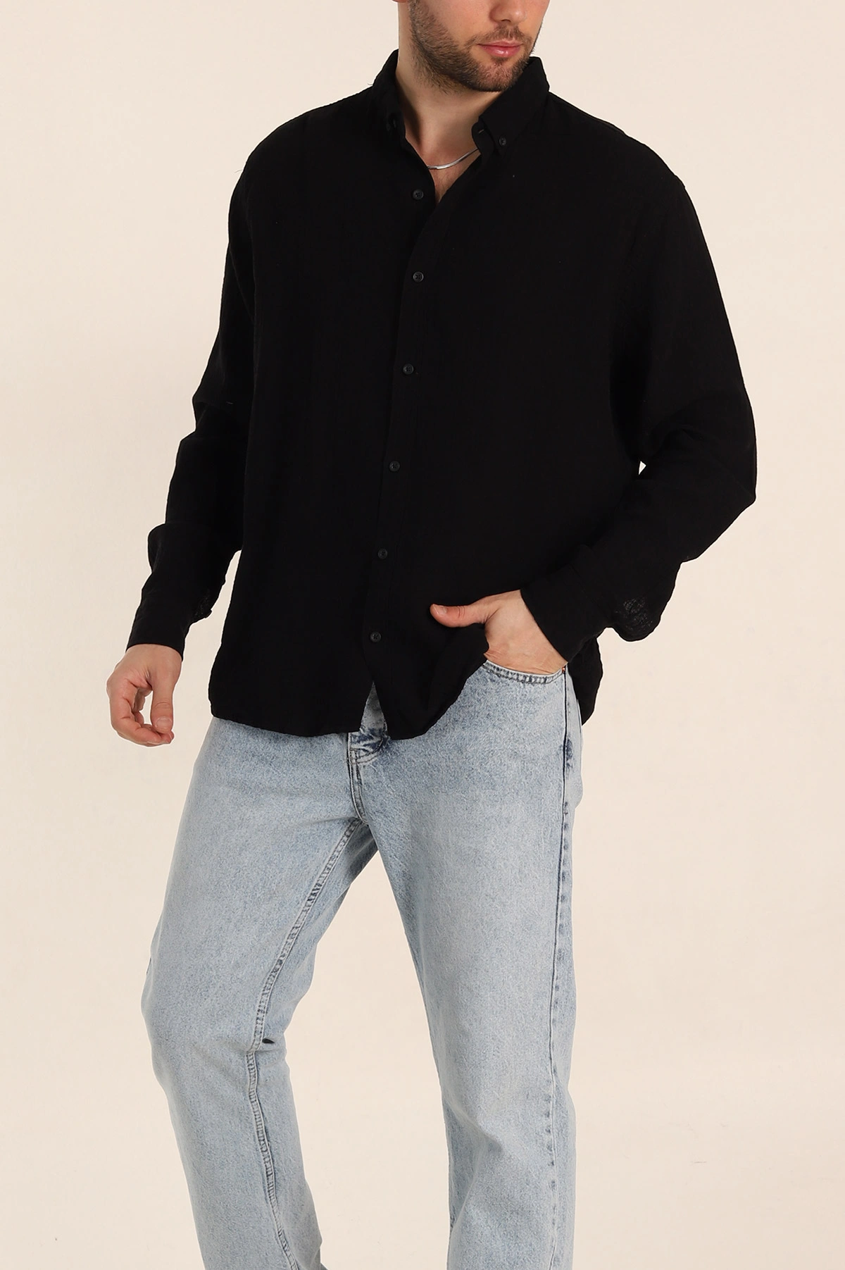 Siyah Relaxed Fit Müslin Keten Ata Yaka Erkek Gömlek 339152