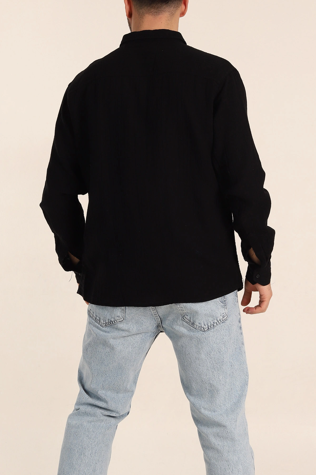 Siyah Relaxed Fit Müslin Keten Ata Yaka Erkek Gömlek 339152
