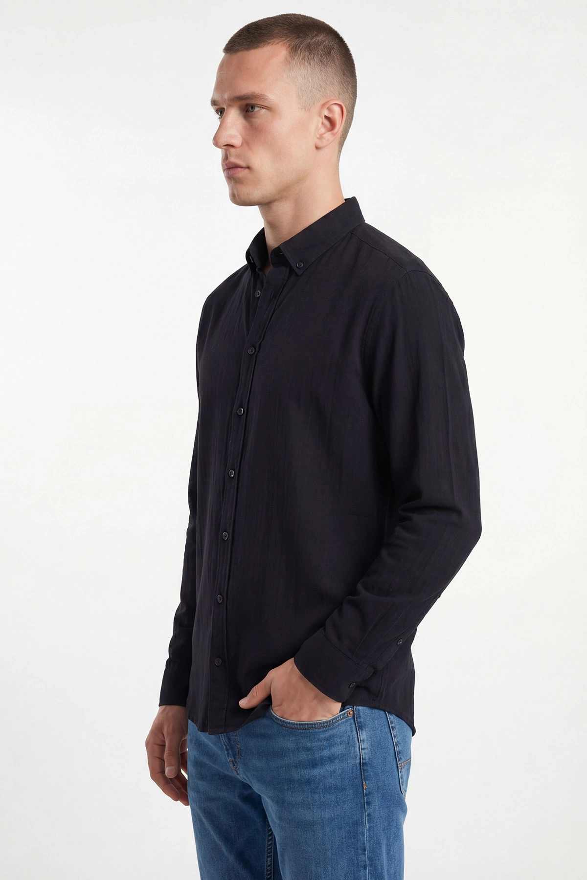 Siyah Relaxed Fit Müslin Keten Ata Yaka Erkek Gömlek 435744