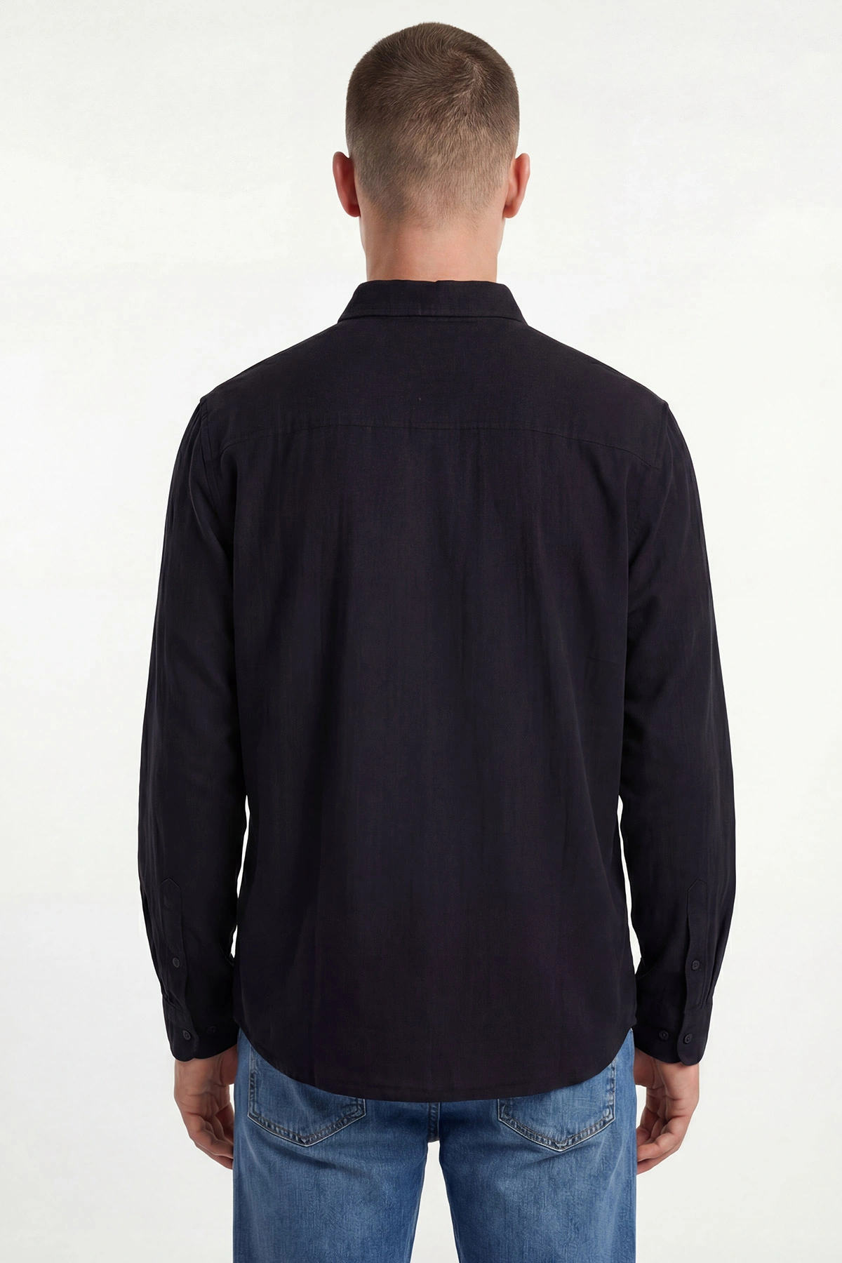 Siyah Relaxed Fit Müslin Keten Ata Yaka Erkek Gömlek 435744