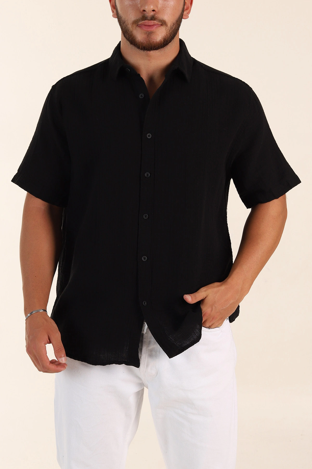 Siyah Relaxed Fit Müslin Keten Kısa Kollu Erkek Gömlek 376943