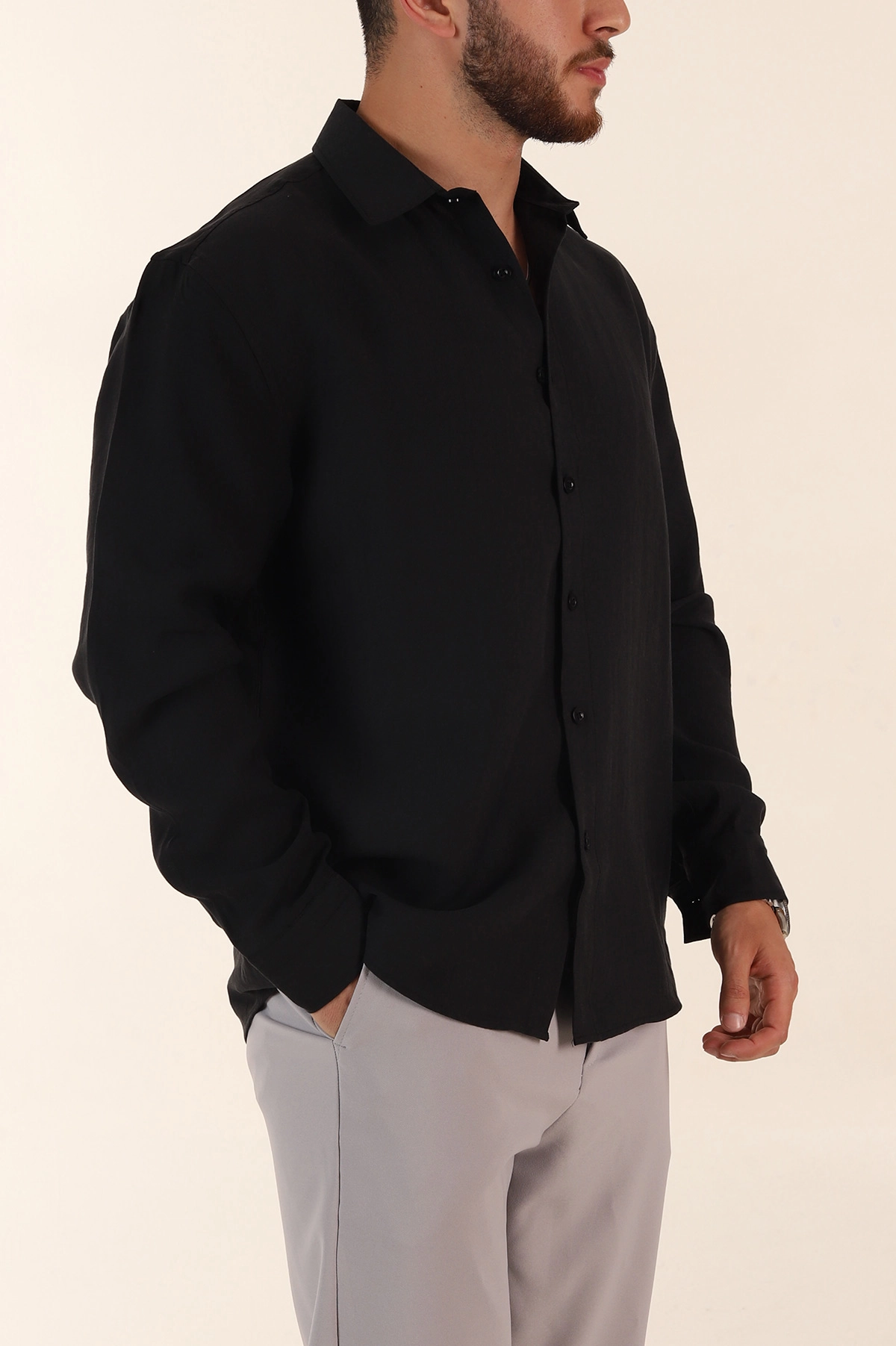 Siyah Relaxed Fit Nefes Alan Lyocell Kumaş Uzun Kollu Erkek Gömlek 368614