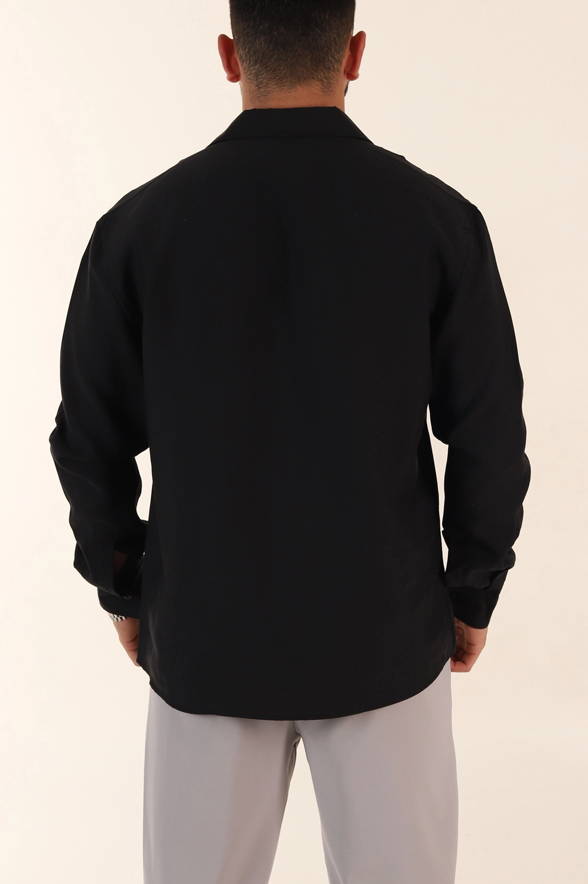 Siyah Relaxed Fit Nefes Alan Lyocell Kumaş Uzun Kollu Erkek Gömlek 368614