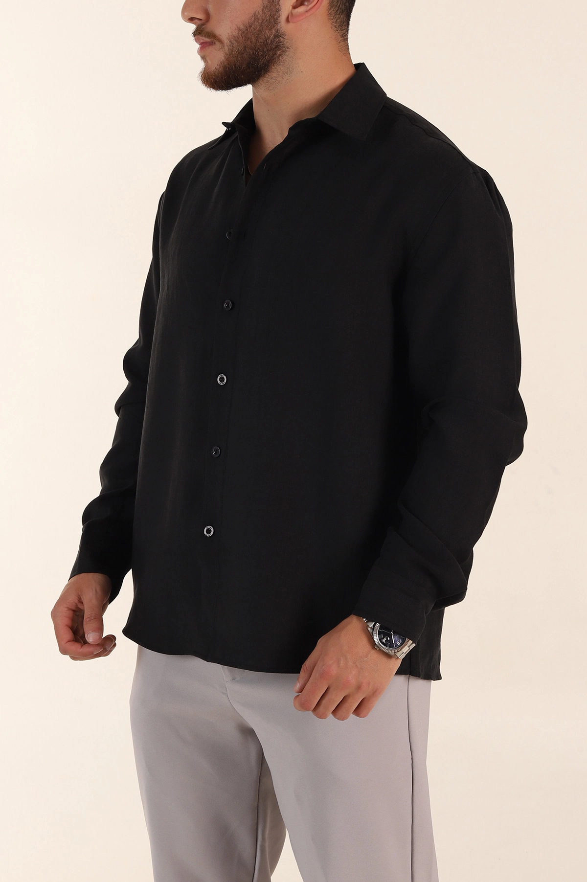Siyah Relaxed Fit Nefes Alan Lyocell Kumaş Uzun Kollu Erkek Gömlek 368614