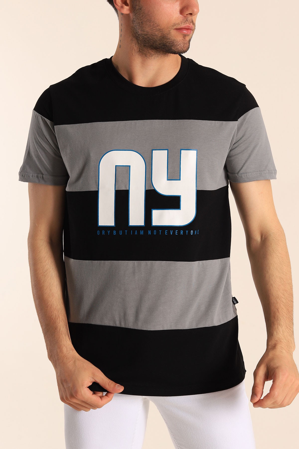 Siyah Relaxed Fit NY Baskılı Çift Renk Tişört 182267