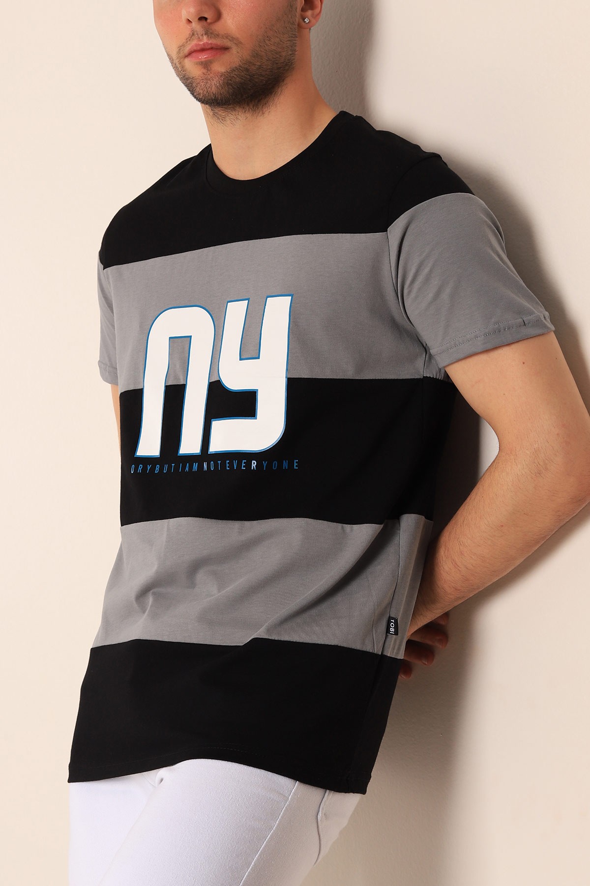 Siyah Relaxed Fit NY Baskılı Çift Renk Tişört 182267
