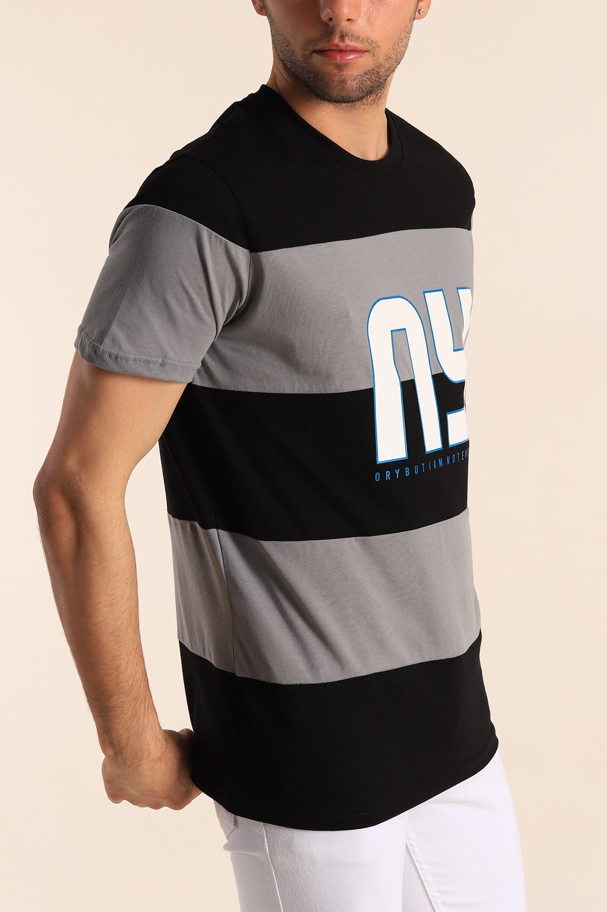 Siyah Relaxed Fit NY Baskılı Çift Renk Tişört 182267