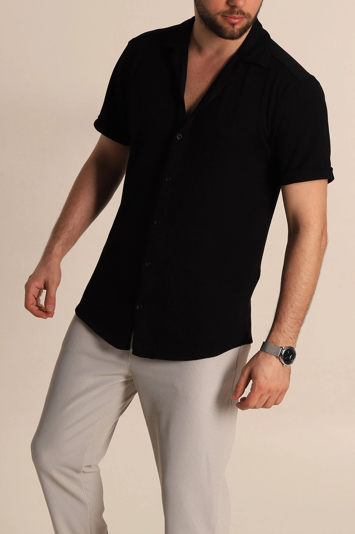 Siyah Relaxed Fit Örme Duble Kısa Kollu Erkek Gömlek 275338
