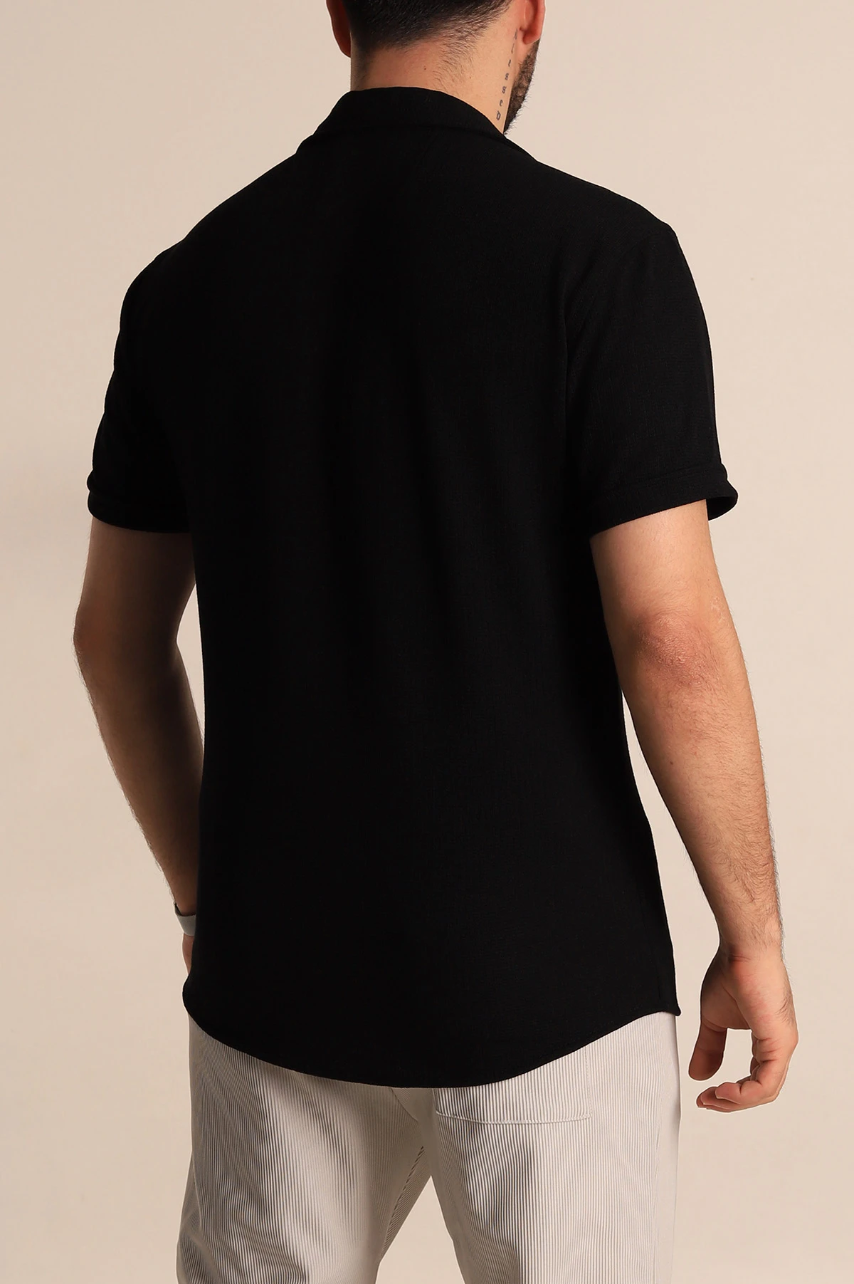 Siyah Relaxed Fit Örme Duble Kısa Kollu Erkek Gömlek 275338