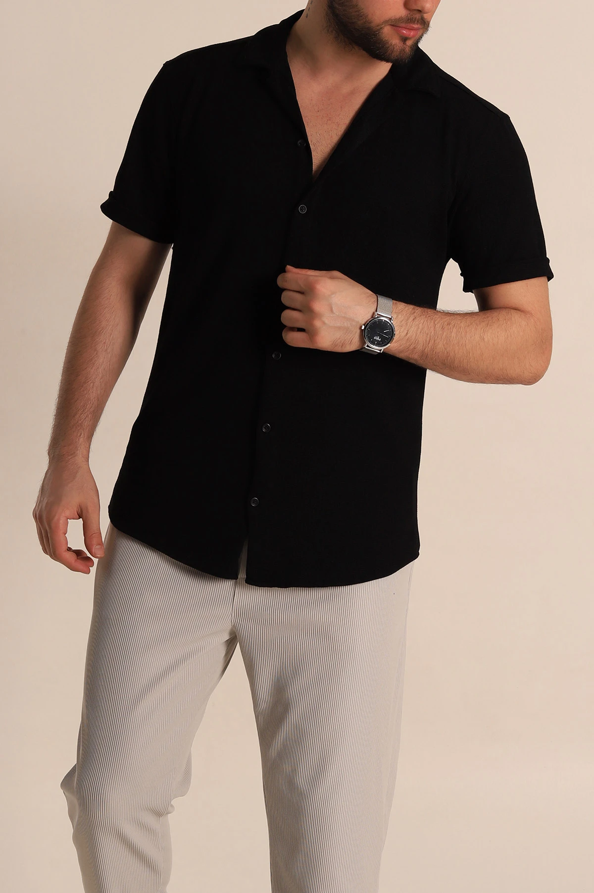 Siyah Relaxed Fit Örme Duble Kısa Kollu Erkek Gömlek 275338