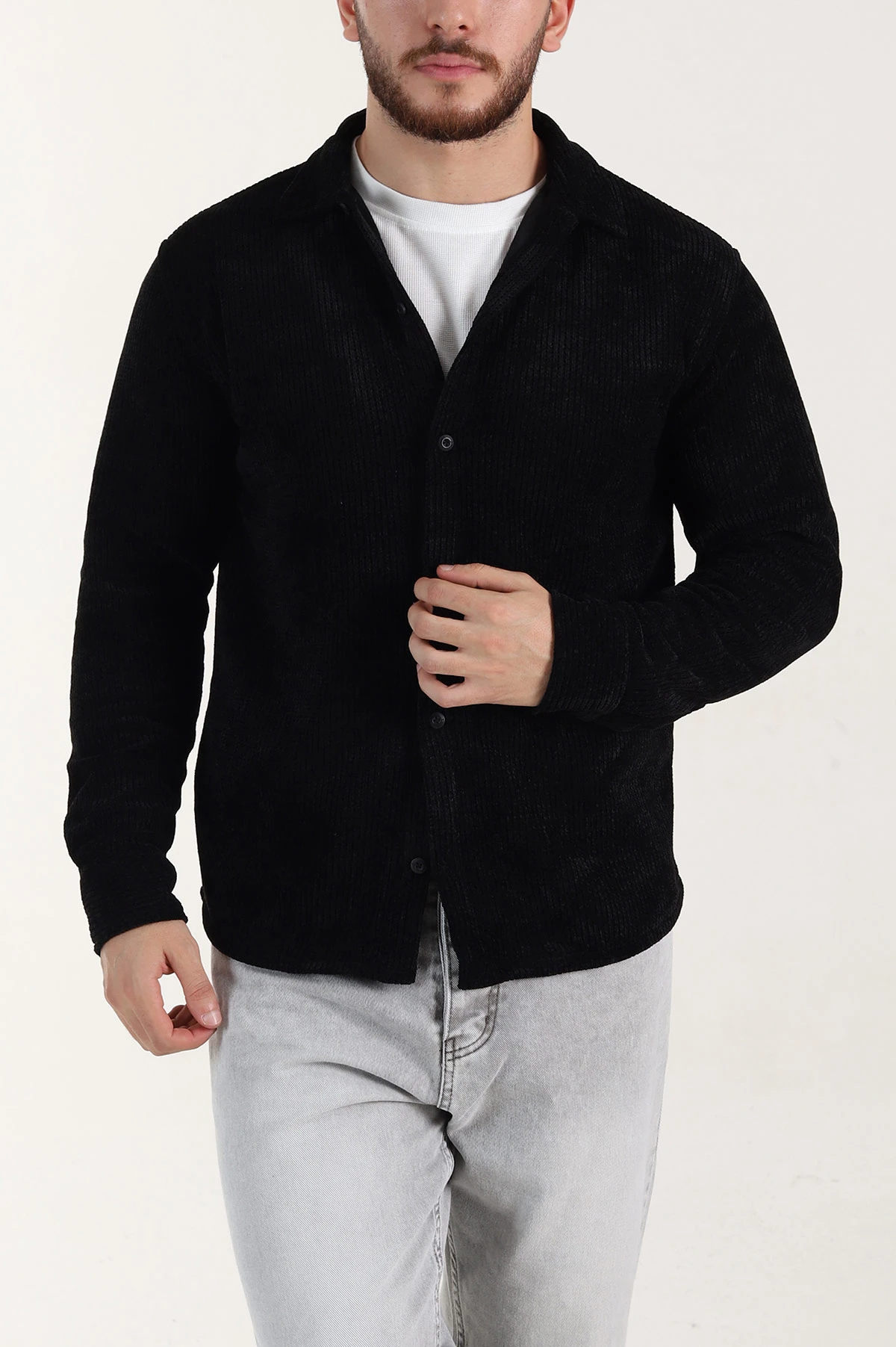 Siyah Relaxed Fit Örme Erkek Gömlek 400088