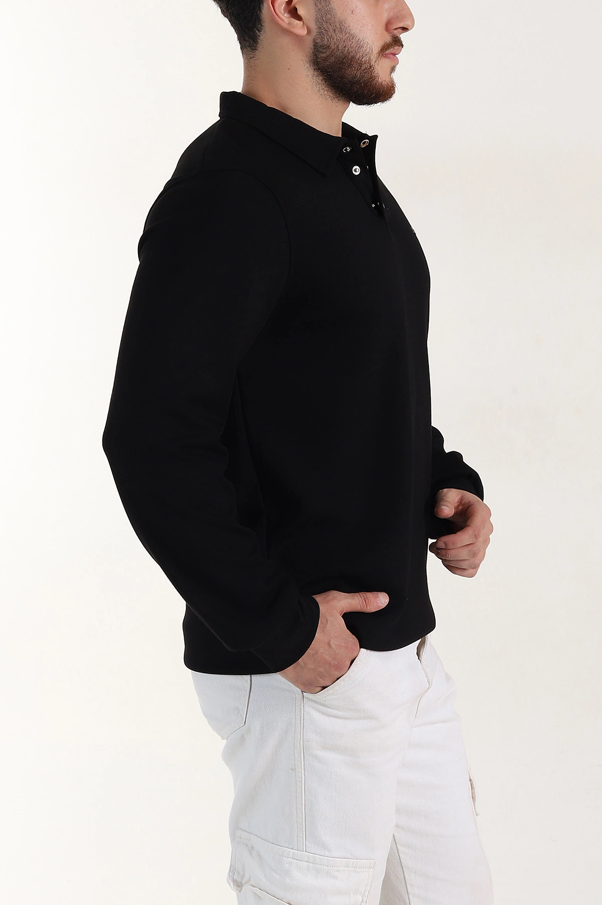 Siyah Relaxed Fit Oysho Kumaş Düğmeli Polo Yaka Erkek Sweatshirt 399520