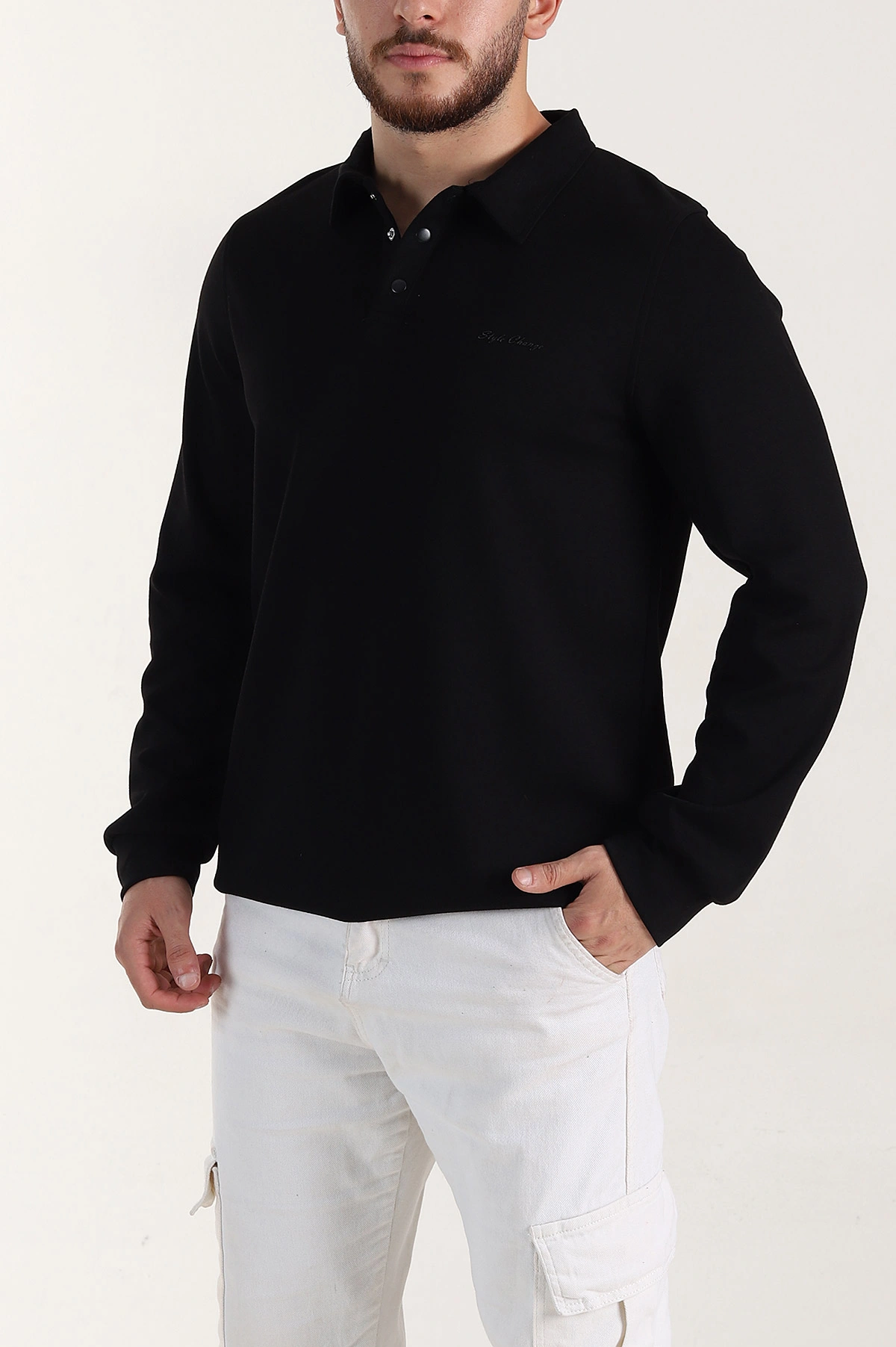 Siyah Relaxed Fit Oysho Kumaş Düğmeli Polo Yaka Erkek Sweatshirt 399520