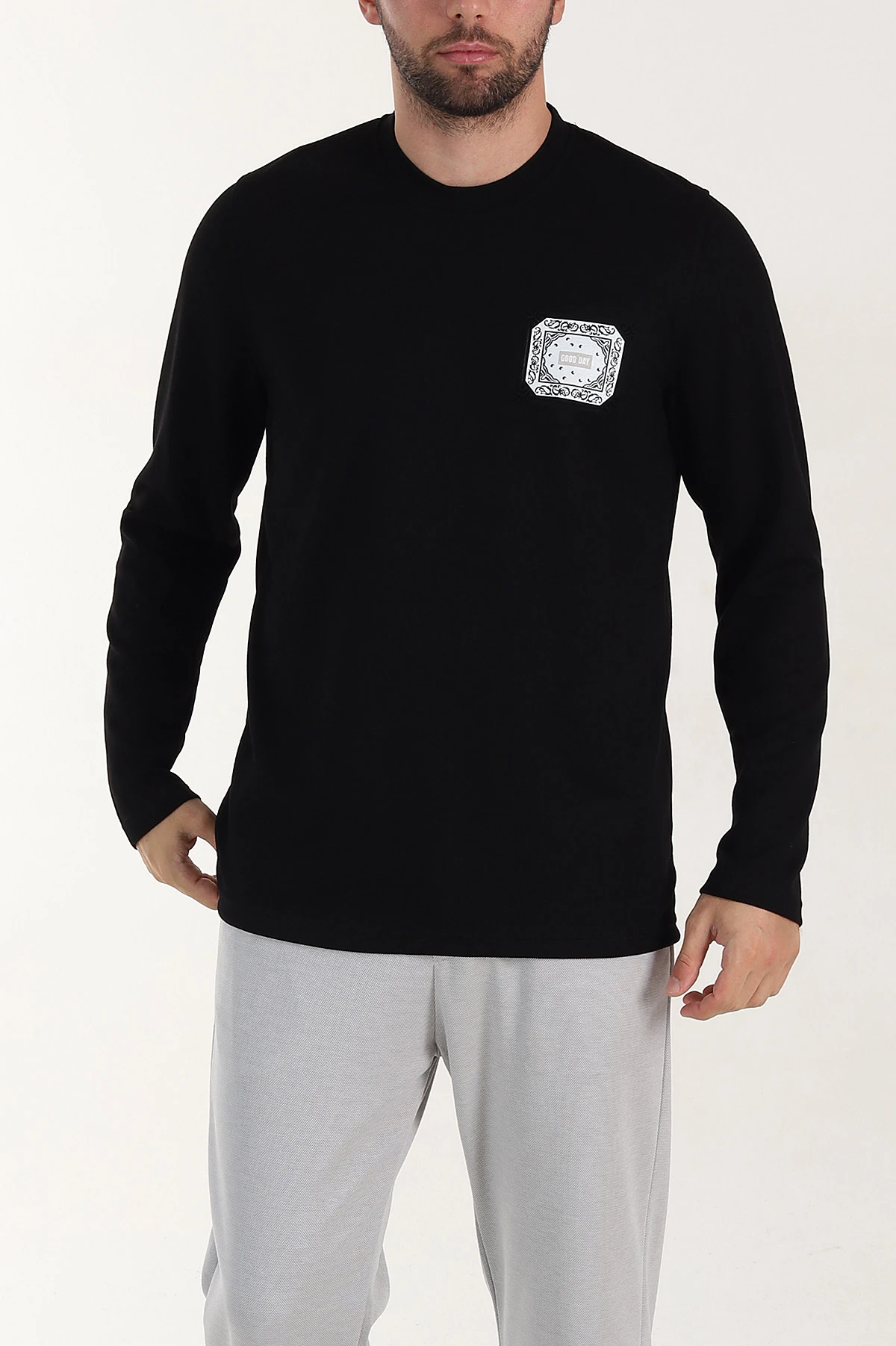 Siyah Relaxed Fit Oysho Kumaş Kabartma Detaylı Erkek Sweatshirt 399526