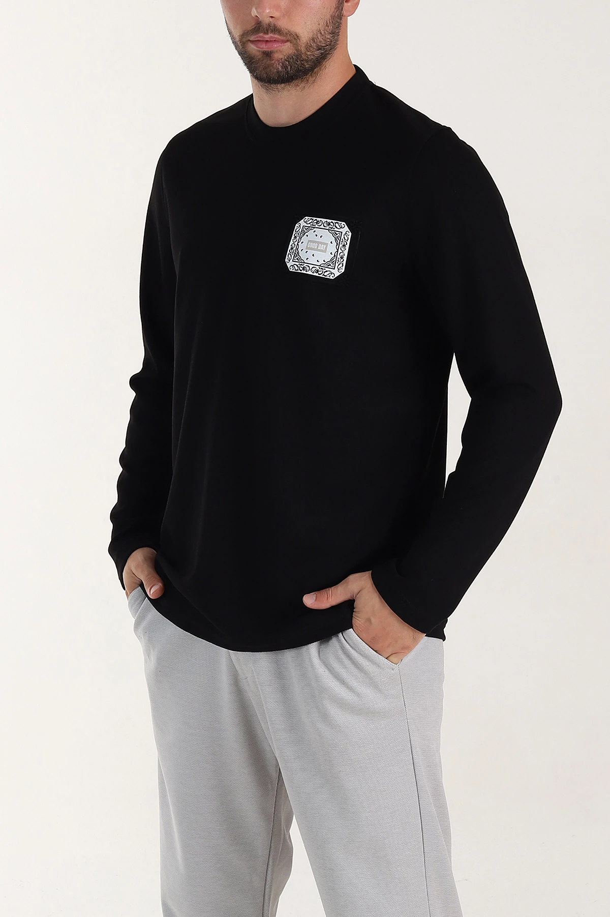 Siyah Relaxed Fit Oysho Kumaş Kabartma Detaylı Erkek Sweatshirt 399526