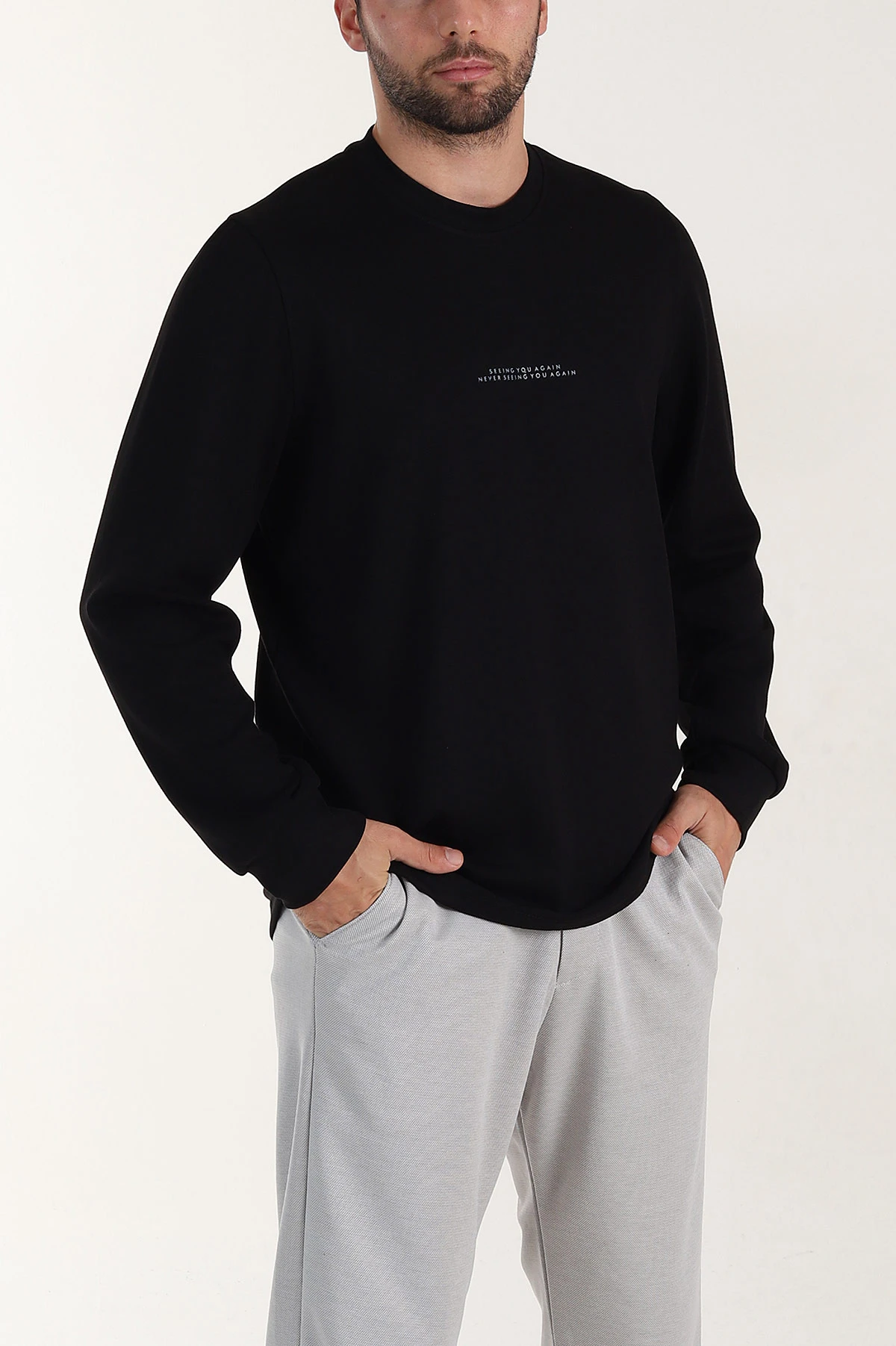Siyah Relaxed Fit Oysho Kumaş Kabartma Yazılı Erkek Sweatshirt 399529