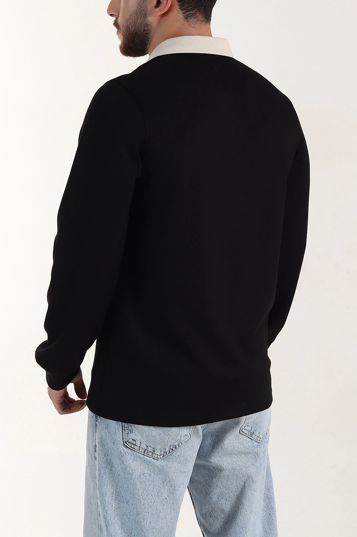 Siyah Relaxed Fit Oysho Kumaş Kabartma Yazılı Polo Yaka Erkek Sweatshirt 399585