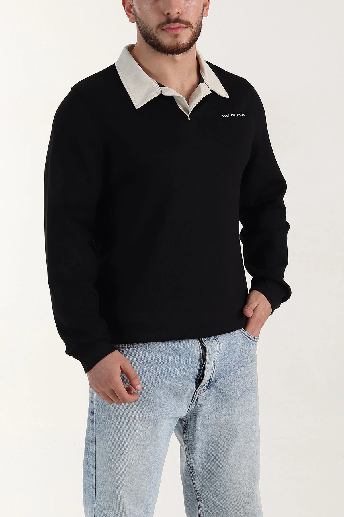 Siyah Relaxed Fit Oysho Kumaş Kabartma Yazılı Polo Yaka Erkek Sweatshirt 399585