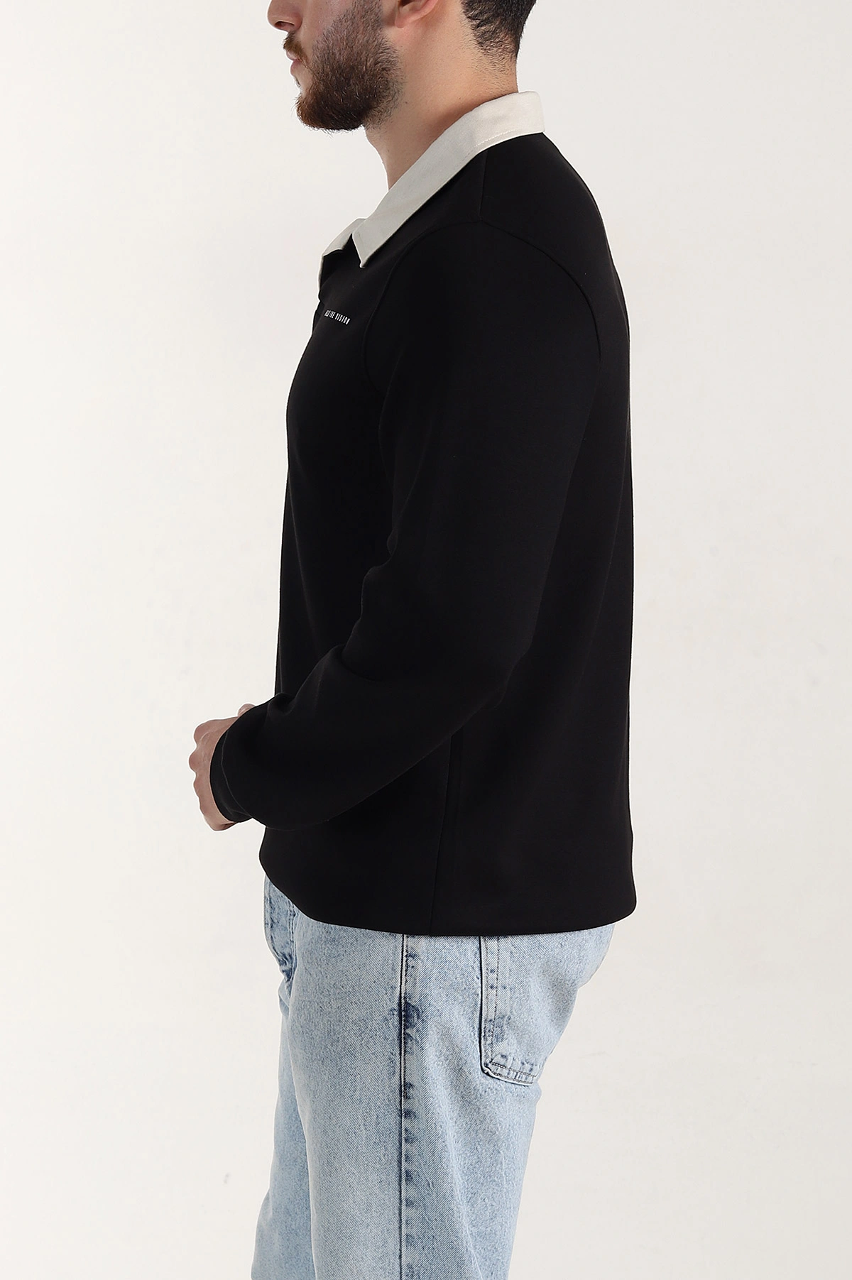 Siyah Relaxed Fit Oysho Kumaş Kabartma Yazılı Polo Yaka Erkek Sweatshirt 399585