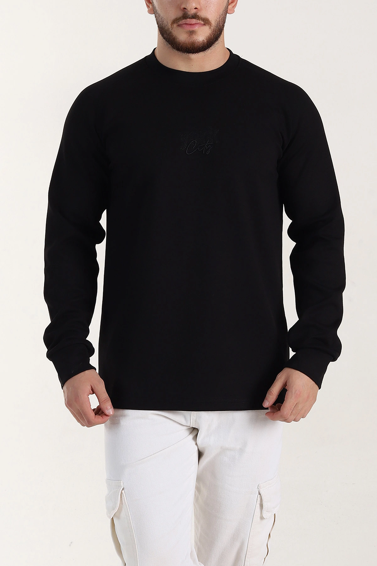Siyah Relaxed Fit Oysho Kumaş Nakış Detaylı Erkek Sweatshirt 399466