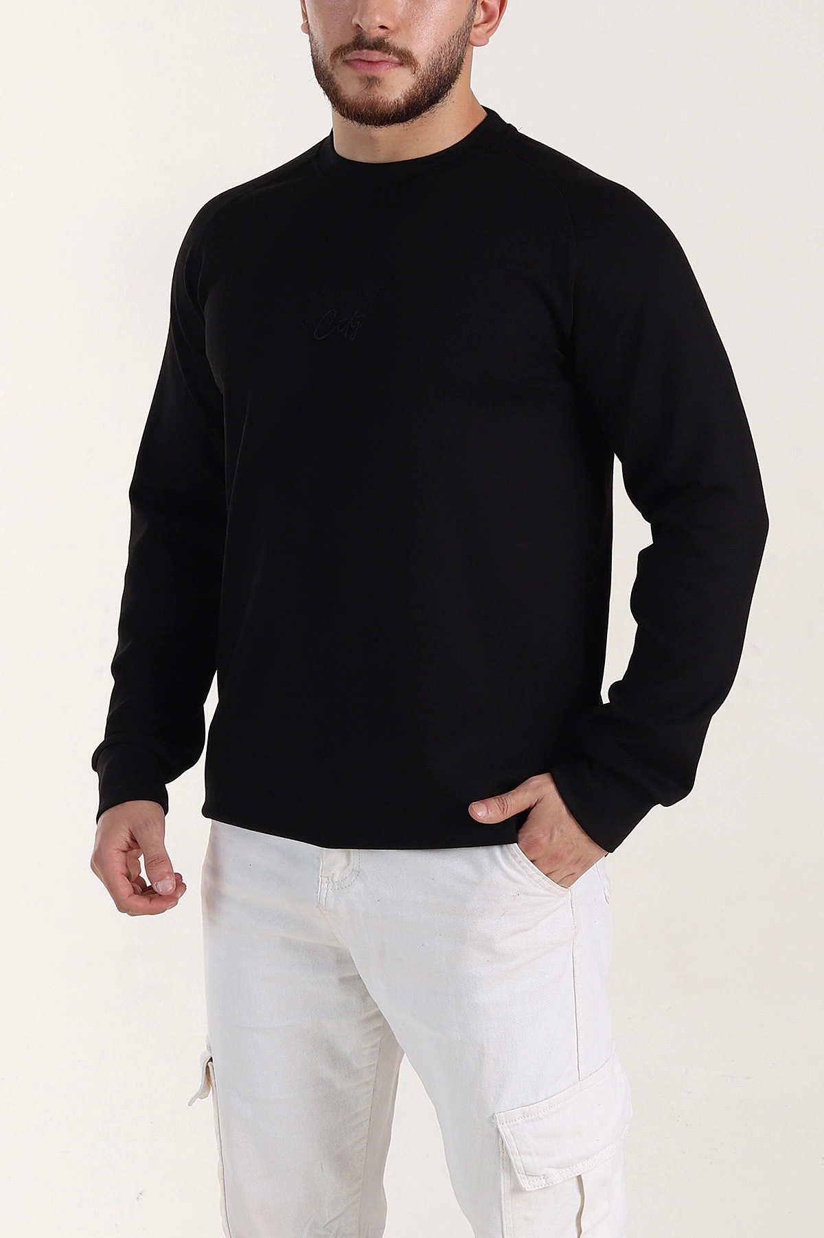Siyah Relaxed Fit Oysho Kumaş Nakış Detaylı Erkek Sweatshirt 399466