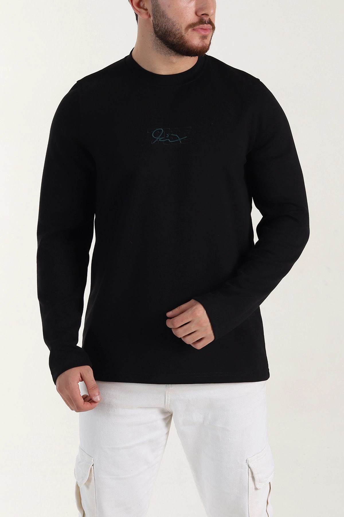 Siyah Relaxed Fit Oysho Kumaş Nakışlı Yazı Detay Erkek Sweatshirt 399393