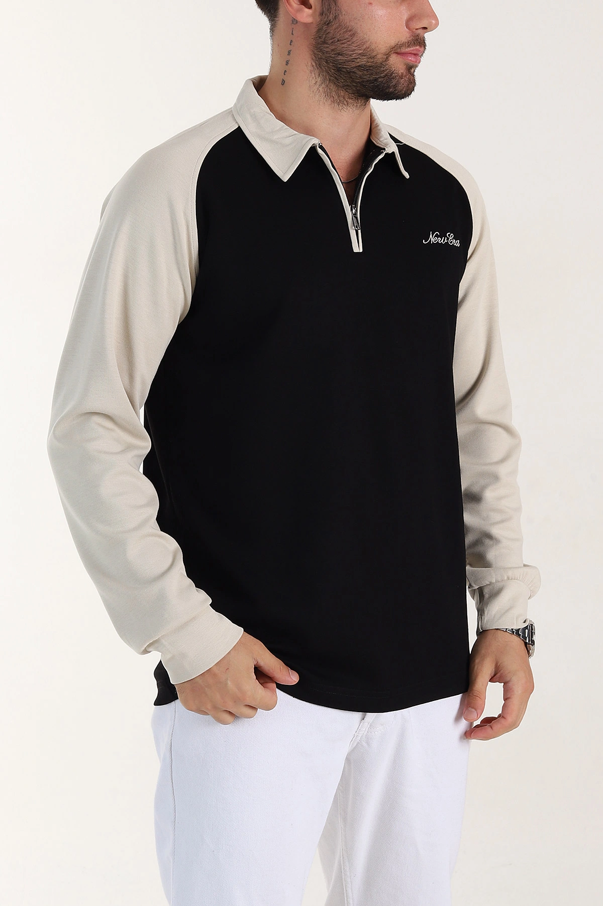 Siyah Relaxed Fit Oysho Kumaş Reglan Kollu Erkek Sweatshirt 399576
