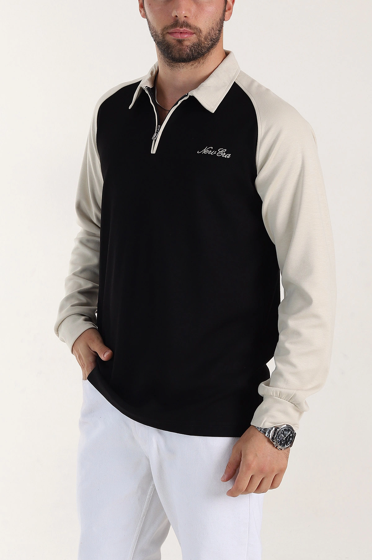 Siyah Relaxed Fit Oysho Kumaş Reglan Kollu Erkek Sweatshirt 399576