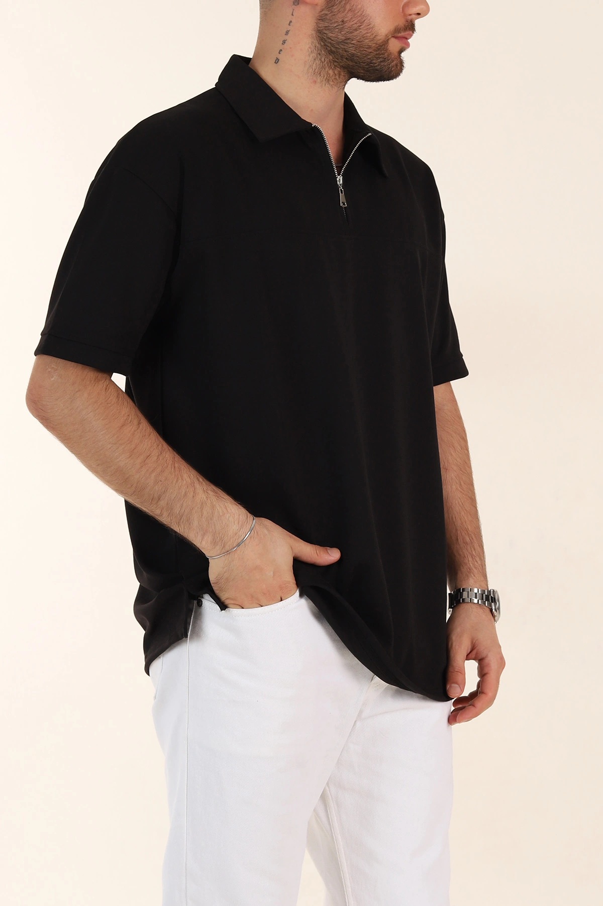 Siyah Relaxed Fit Parçalı Kumaş Polo Yaka Erkek Tişört 363809