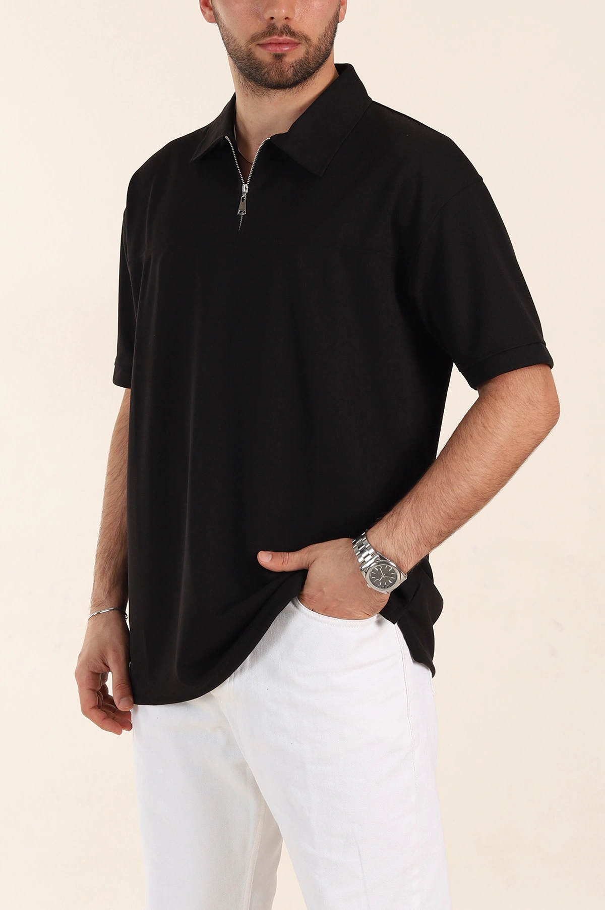 Siyah Relaxed Fit Parçalı Kumaş Polo Yaka Erkek Tişört 363809