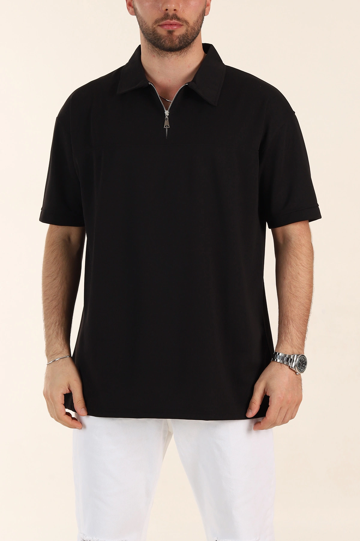 Siyah Relaxed Fit Parçalı Kumaş Polo Yaka Erkek Tişört 363809