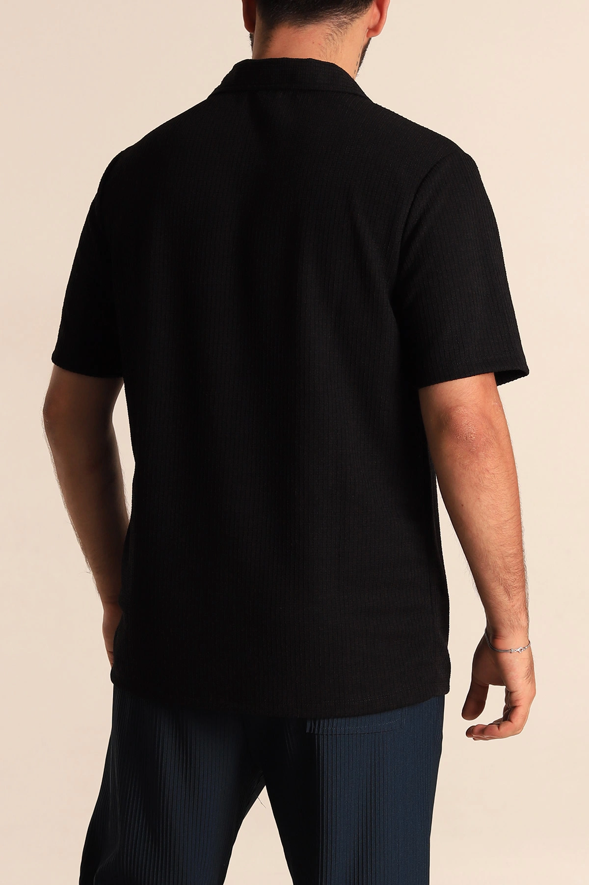 Siyah Relaxed Fit Petek Dokulu Fermuarlı Polo Yaka Erkek Tişört 278873