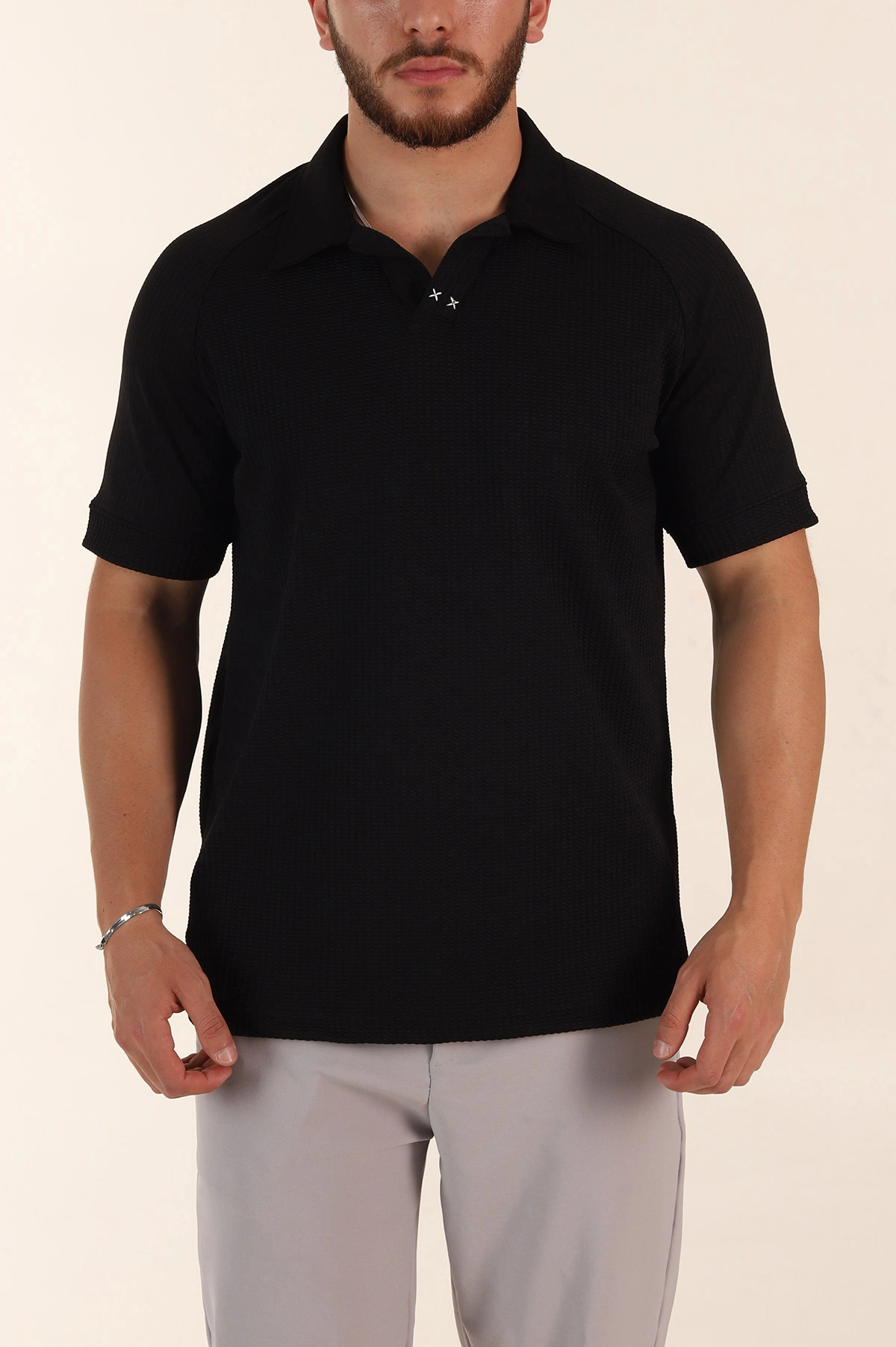 Siyah Relaxed Fit Petek Dokulu Patlı Polo Yaka Erkek Tişört 370254