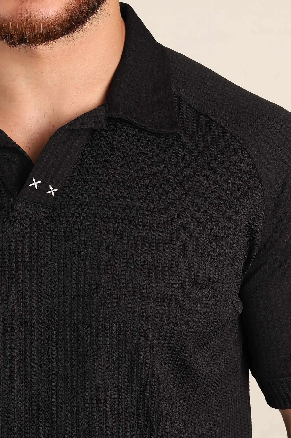 Siyah Relaxed Fit Petek Dokulu Patlı Polo Yaka Erkek Tişört 370254
