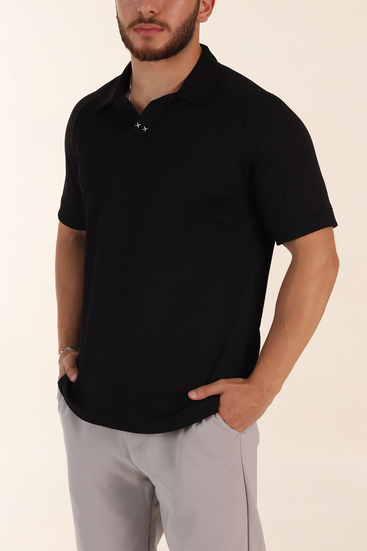 Siyah Relaxed Fit Petek Dokulu Patlı Polo Yaka Erkek Tişört 370254
