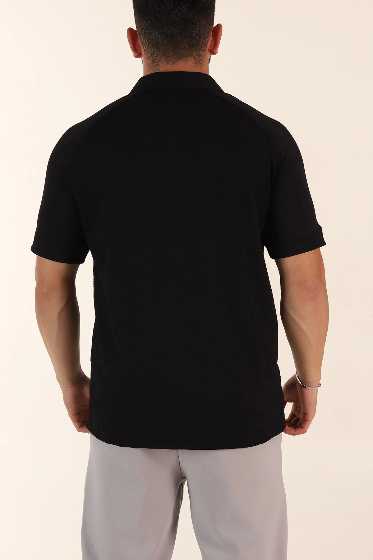Siyah Relaxed Fit Petek Dokulu Patlı Polo Yaka Erkek Tişört 370254