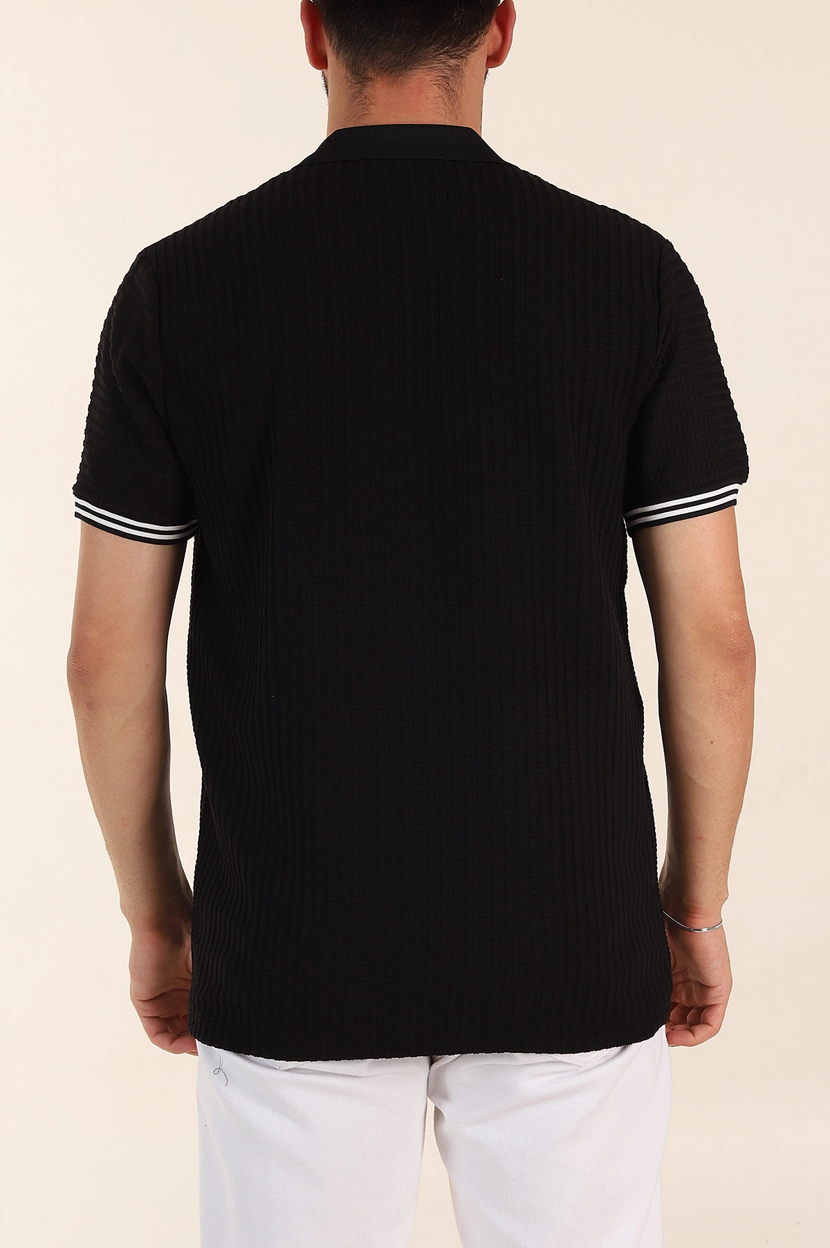 Siyah Relaxed Fit Petek Dokulu Patlı Polo Yaka Erkek Tişört 370259