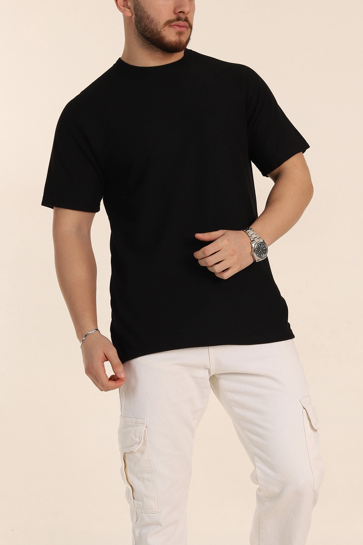 Siyah Relaxed Fit Petek Dokulu Reglan Kol Basic Erkek Tişört 352023