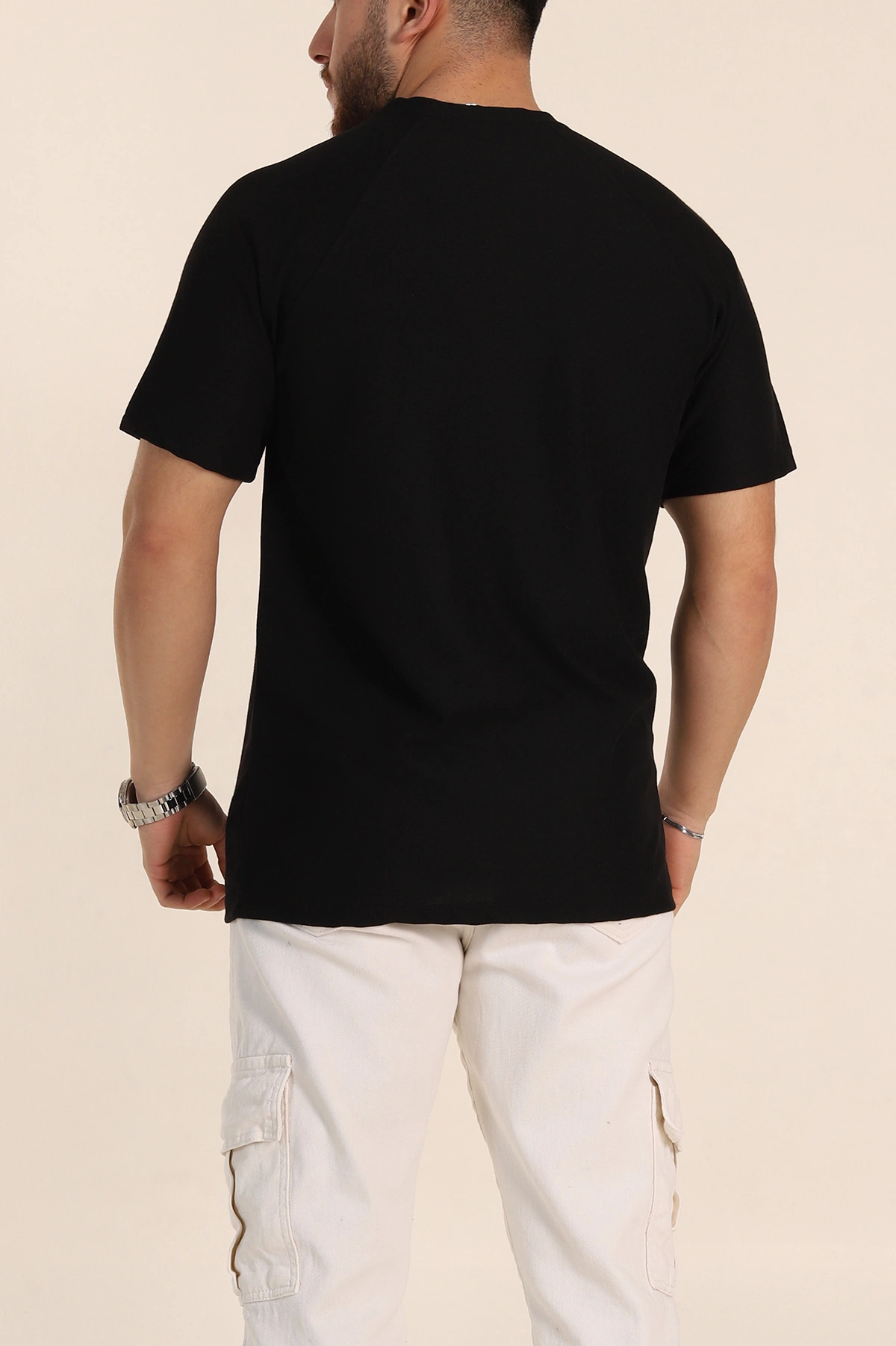 Siyah Relaxed Fit Petek Dokulu Reglan Kol Basic Erkek Tişört 352023