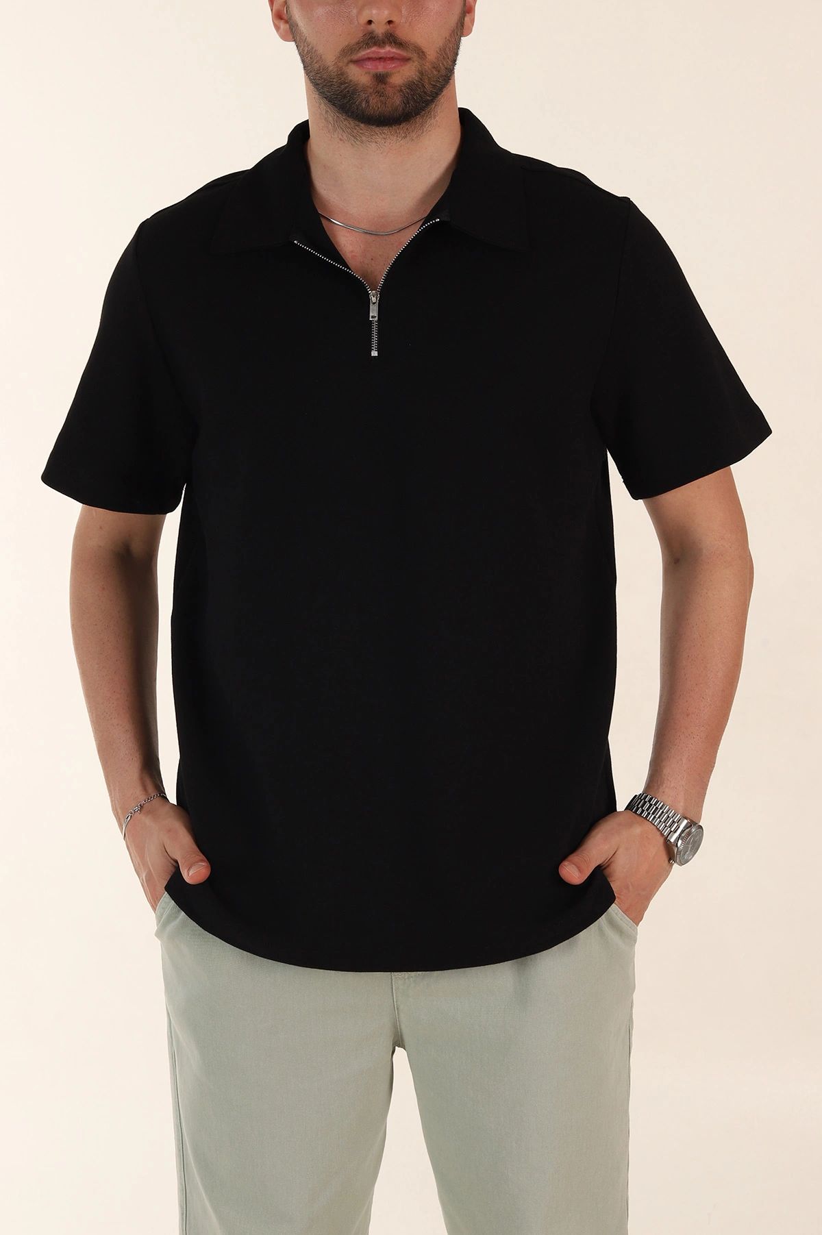 Siyah Relaxed Fit Pike Doku Fermuarlı Polo Yaka Erkek Tişört 368376