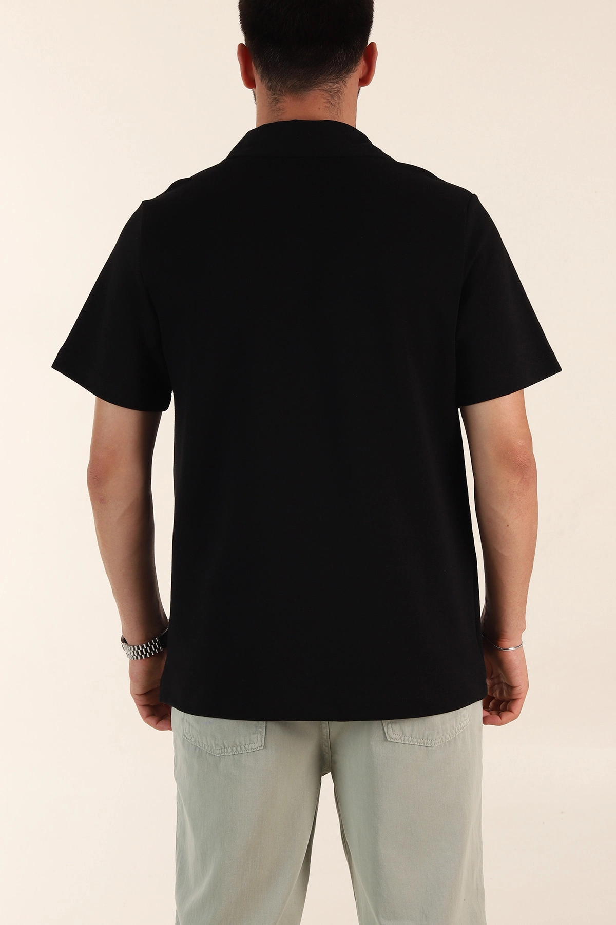 Siyah Relaxed Fit Pike Doku Fermuarlı Polo Yaka Erkek Tişört 368376
