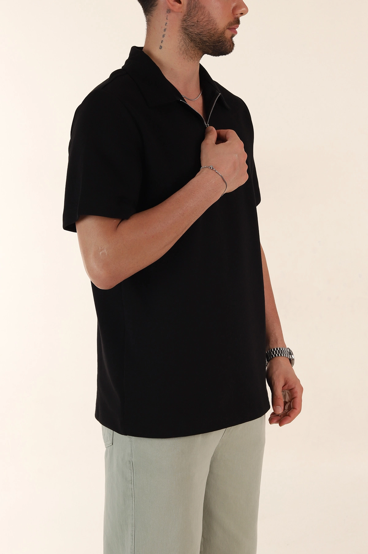 Siyah Relaxed Fit Pike Doku Fermuarlı Polo Yaka Erkek Tişört 368376