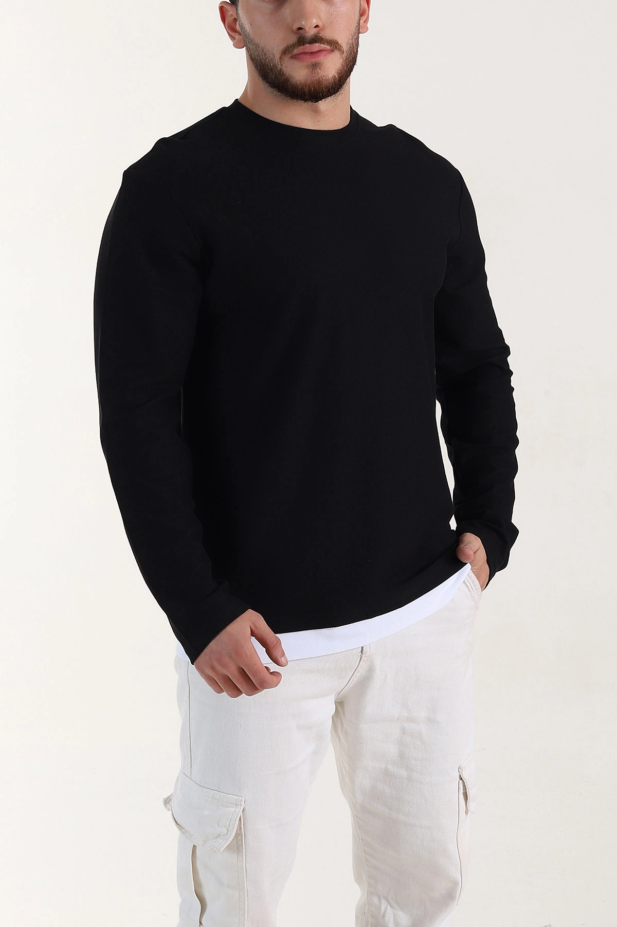 Siyah Relaxed Fit Pike Dokulu Basic Erkek Sweatshirt 398893
