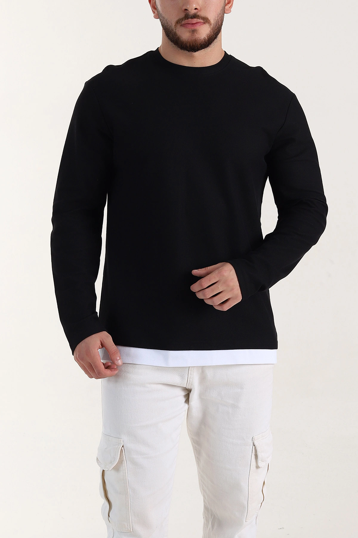 Siyah Relaxed Fit Pike Dokulu Basic Erkek Sweatshirt 398893
