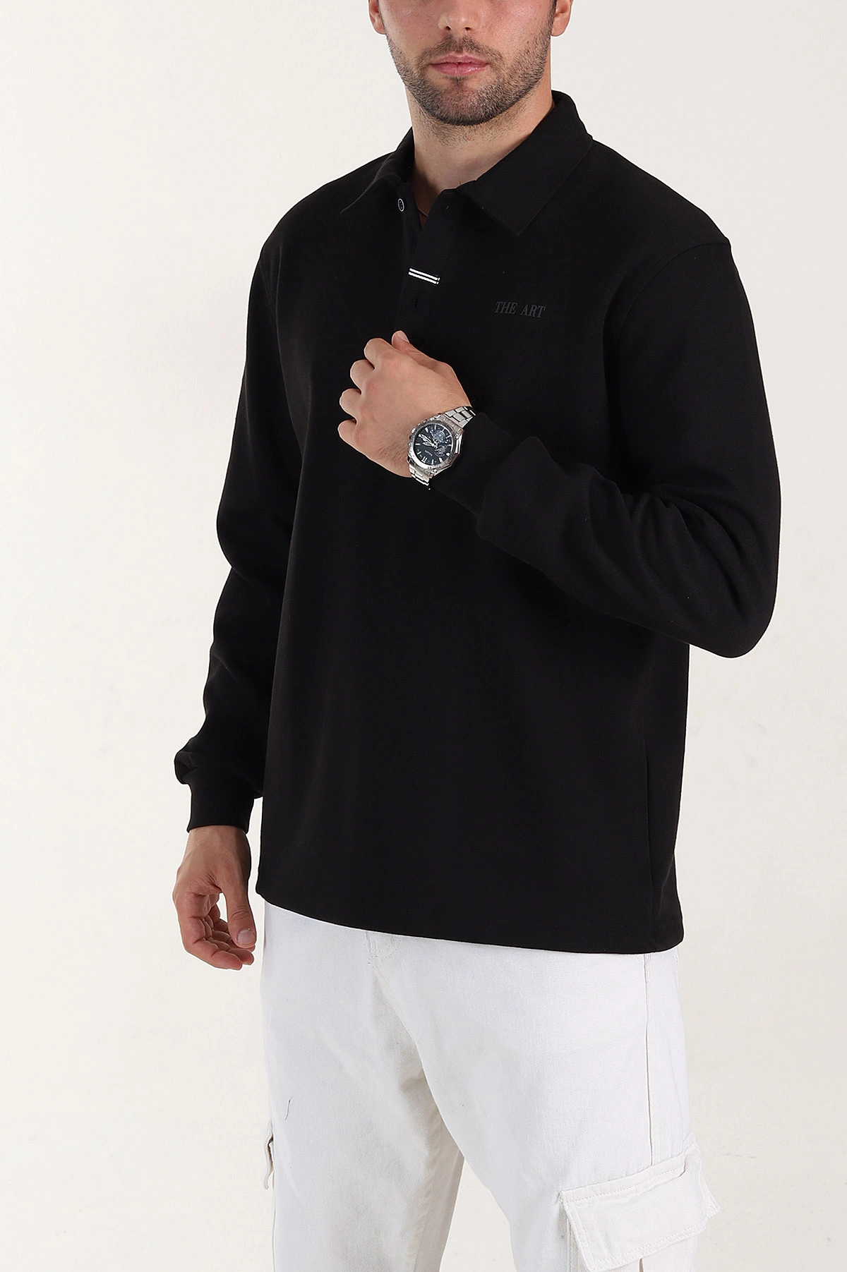 Siyah Relaxed Fit Pike Dokulu Düğmeli Polo Yaka Erkek Sweatshirt 400878